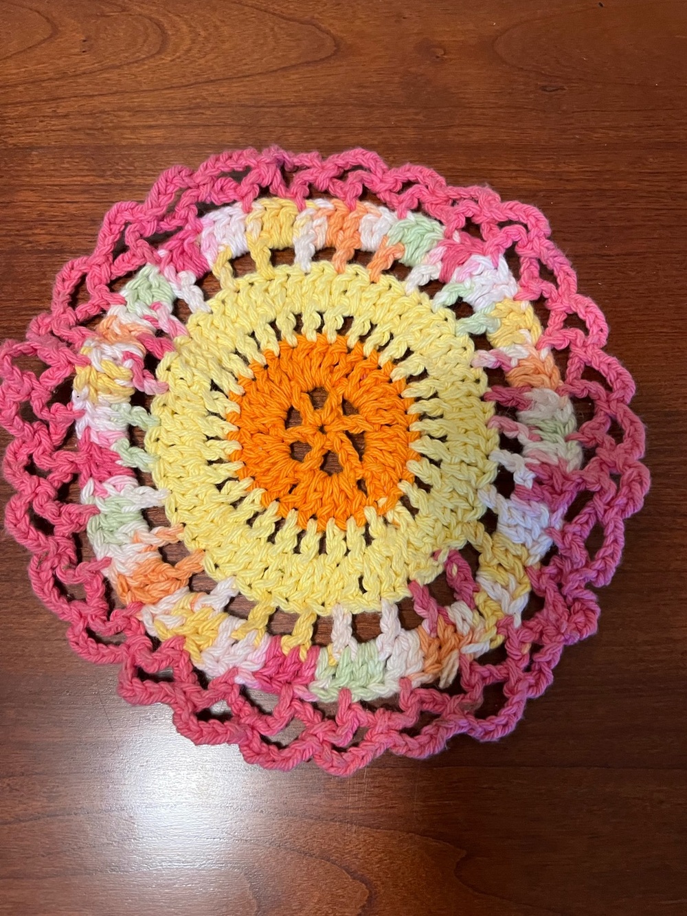Handmade Multicolor Crochet Doily - Pink, Yellow & Orange